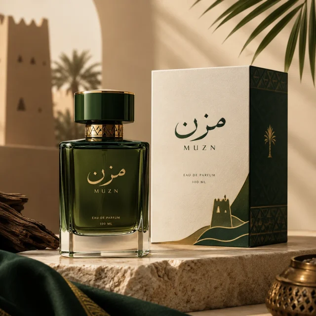 عطر مُزن بعبوته الخضراء وتغليفه المستوحى من التراث السعودي